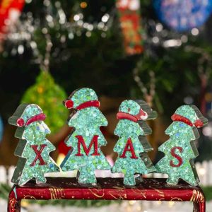 Set decorațiune XMAS litere 3D tip brăduț din rășină cu glitter